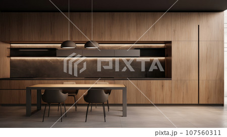 The brown, wooden interior of the kitchen, the design is modern for ideas and inspiration Lamp 107560311