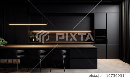 The Wooden Black interior of the kitchen, the design is modern for ideas and inspiration. 107560314