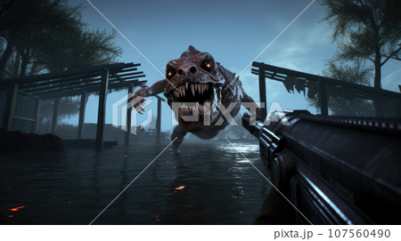 Action-packed first-person gameplay, shooting down terrifying foes. 107560490