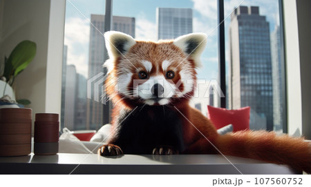 Cute red panda in apartment. Cute red panda in apartment. 107560752