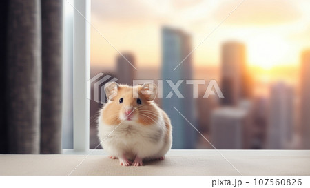 Portrait of a hamster in an apartment against the background of the city. 107560826