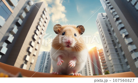 hamster against the background of modern houses, walking. 107560827