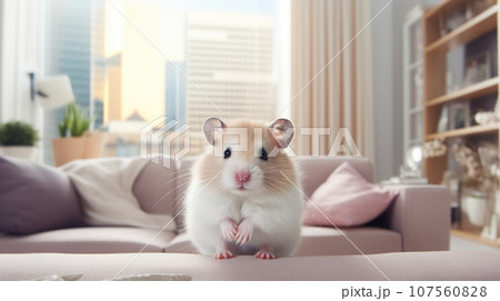 An adorable hamster enjoys comfort and companionship in a contemporary apartment. An adorable hamster enjoys comfort and companionship in a contemporary apartment. 107560828