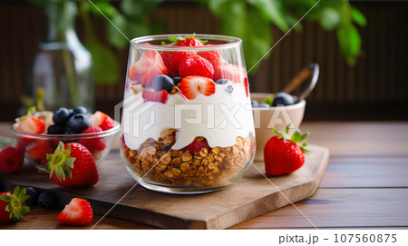 Enjoy a fresh and nutritious breakfast of granola, yogurt, and berries. 107560875