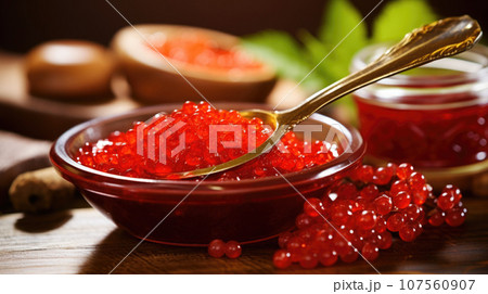 A detailed shot of exquisite red caviar, a symbol of luxury. 107560907