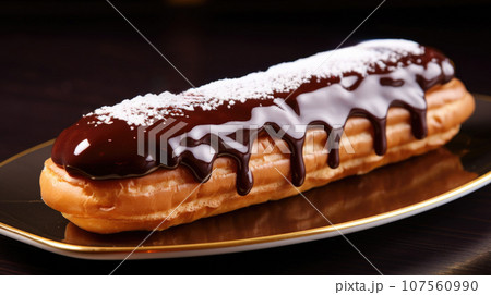 Decadent eclair drizzled with rich chocolate sauce on a plate. Decadent eclair drizzled with rich chocolate sauce on a plate. 107560990