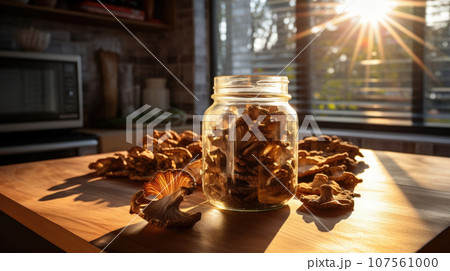 Jar of dried mushrooms, a pantry essential for adding rich umami flavor 107561000