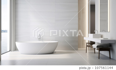 white minimalist stylish bathroom with space for text. banner 107561144
