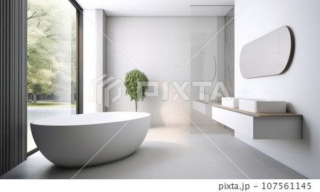 white minimalist stylish bathroom with space for text. plant 107561145