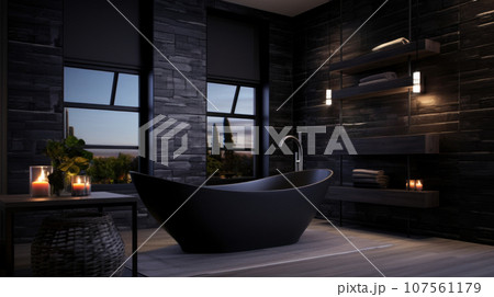 Interior design of a black classic stylish trendy bathroom. Candles Interior design of a black classic stylish trendy bathroom. Candles 107561179