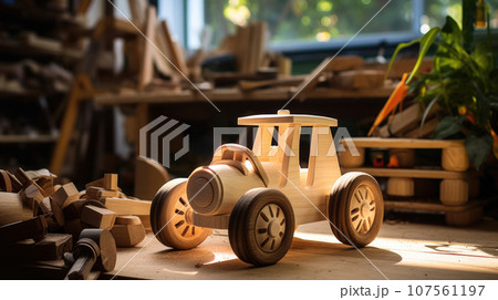 Local business specializes in handmade wooden toys in their charming workshop. machine. 107561197