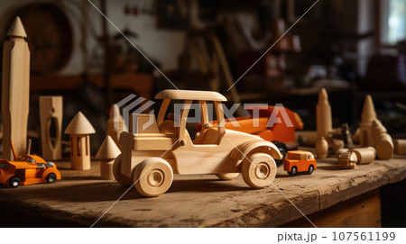 Artisans crafting charming wooden toys in a quaint workshop. Artisans crafting charming wooden toys in a quaint workshop. 107561199