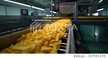 The art of making delicious potato chips in a factory. 107561239
