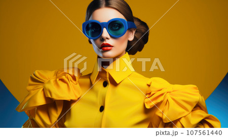 Fashion-forward woman in yellow and blue attire, expressing support for Ukraine Fashion-forward woman in yellow and blue attire, expressing support for Ukraine 107561440