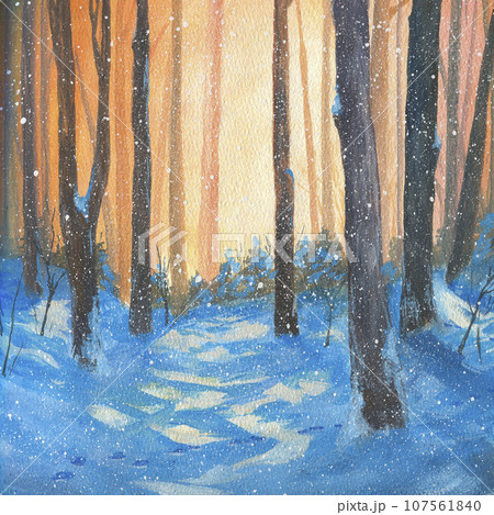 Watercolor scenic illustration of a fabulous winter landscape. Morning or evening, sunset or dawn in a snowy forest 107561840