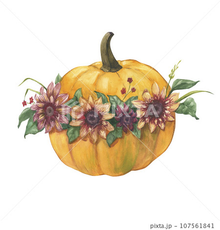 Watercolor illustration of a fairytale pumpkin decorated with autumn flowers and a bouquet. Autumn composition isolated on white background 107561841