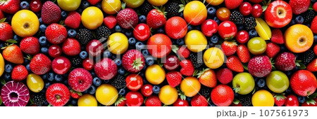 Assortment of different fruits and berries, flat lay, top view, apple, strawberry, pomegranate, mango, avocado, orange, lemon, kiwi, peach isolated on white background, AI 107561973