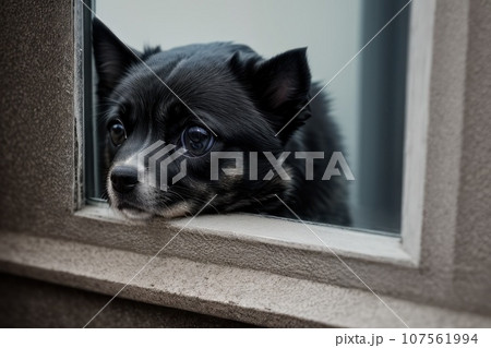 Close-up Face of Cute Puppy Dog Looking Out a Window, alone like forsake and waiting owner with copy space for label text, AI 107561994