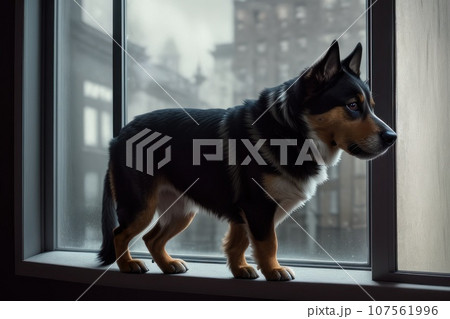 Bored dog with head on window sill while looking at the rain outside. Side view of brown puppy dog resting or waiting with elevated head position. 1 year old female or male dog, AI Bored dog with head on window sill while looking at the rain outside. Side view of brown puppy dog resting or waiting with elevated head position. 1 year old female or male dog, AI 107561996