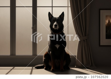Bored dog with head on window sill while looking at the rain outside. Side view of black dark dog resting or waiting with elevated head position. 1 year old female or male mix dog, AI Bored dog with head on window sill while looking at the rain outside. Side view of black dark dog resting or waiting with elevated head position. 1 year old female or male mix dog, AI 107562020