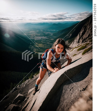 side view of young slim woman rock climber in bright blue backpack climbing on the cliff. a woman climbs on a vertical rock wall on the blue sky background, AI 107562059