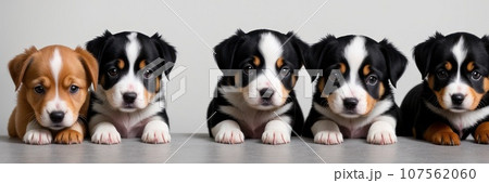 Puppies posing intdoor. Cute dog breeds sitting in line. Grey light wall on background. Small breeds. Banner, AI 107562060