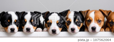 Puppies posing intdoor. Cute dog breeds sitting in line. Grey light wall on background. Small breeds. Banner, AI 107562064