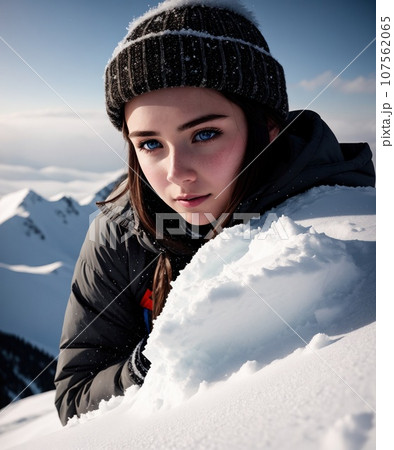 Female backpacker with backpack dressed warm down jacket enjoying snowy mountains landscape while she trekking winter mountain route. Active people in the nature concept image., AI 107562065