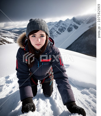 Young woman winter portrait. Winter fashion model with ski suit and goggles. Attractive young woman in wintertime outdoor. Mountains, white snow in magic winter day. Mountain climbing - concept., AI Young woman winter portrait. Winter fashion model with ski suit and goggles. Attractive young woman in wintertime outdoor. Mountains, white snow in magic winter day. Mountain climbing - concept., AI 107562069