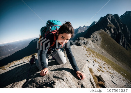 side view of young slim woman rock climber in bright blue backpack climbing on the cliff. a woman climbs on a vertical rock wall on the blue sky background, AI 107562087