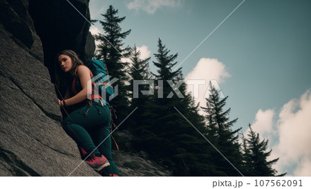 side view of young slim woman rock climber in bright blue backpack climbing on the cliff. a woman climbs on a vertical rock wall on the blue sky background, AI 107562091