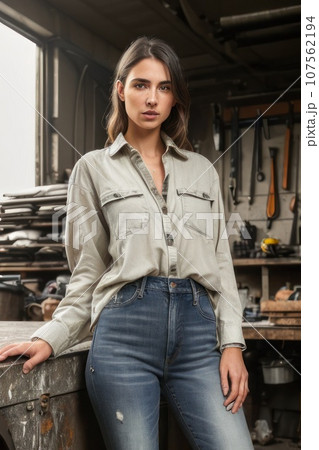 Unofficial Auto repair concept. Young woman in a workshop, garage, wearing a dirty and torn shirt and jeans. Young caucasian mechanic girl in uniform. Car service and maintenance., AI 107562194