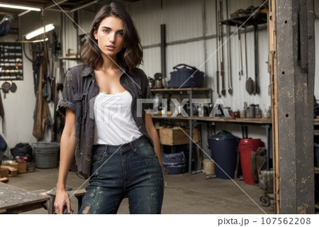 The concept of small business, feminism and women's equality. Young caucasian woman mechanic stand in her workshop or garage. Young woman wearing a dirty and torn shirt and jeans. Unauthorised repair, 107562208