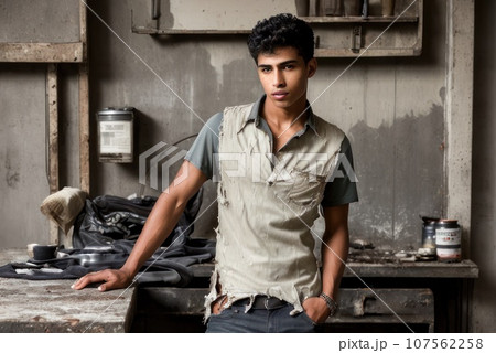 Portrait of latino male mechanic in apron at garage, Auto mechanic standing in a repair workshop. Concept of value of manual labor and the satisfaction from working with one's hand, AI 107562258