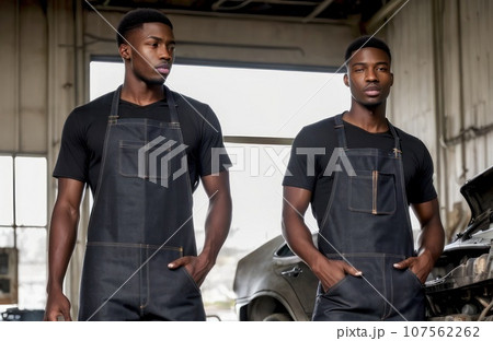 Portrait of two young adult handsome afro male mechanic wearing uniform, posing with confidence, standing in garage at automobile maintenance service workshop. Unauthorize repair car, AI 107562262