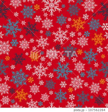 Seamless pattern of snowflakes, multicolored on red 107562264