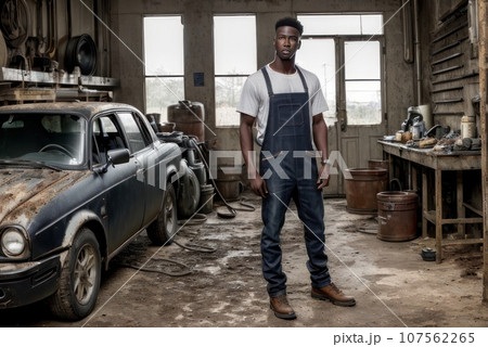 Portrait adult handsome afro male mechanic wearing uniform, posing with confidence, standing in garage at automobile maintenance service workshop. Unauthorize repair car, AI 107562265