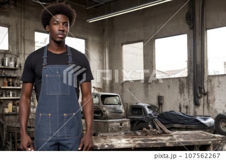 Portrait young adult handsome afro male mechanic wearing uniform, posing with confidence, standing in garage at automobile maintenance service workshop. Unauthorize repair car, AI 107562267