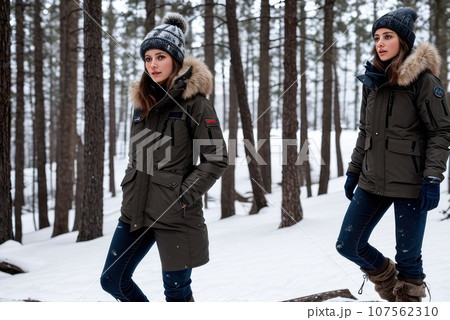 a young woman dressed in rugged outdoor attire, exploration-ready, adventurous spirit, exuding confidence and elegance amidst a natural backdrop. Winter snowy forest. Cold weather, AI a young woman dressed in rugged outdoor attire, exploration-ready, adventurous spirit, exuding confidence and elegance amidst a natural backdrop. Winter snowy forest. Cold weather, AI 107562310