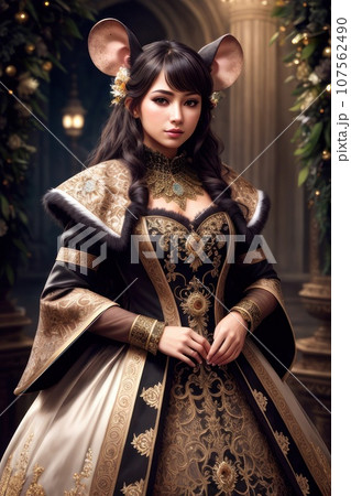 Front view of mouse wearing suit, standing in proud pose. Rat with fluffy paws as groom in intricate richly embroidered palace costume, fancy outfit, fairy tale concept. Elegant anthropomorphic 107562490