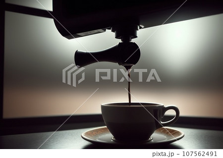 A hand using a coffee maker machine to brew an espresso coffee. Coffee being poured into white mug. A modern home office coffee machine appliance, selective focus, AI 107562491