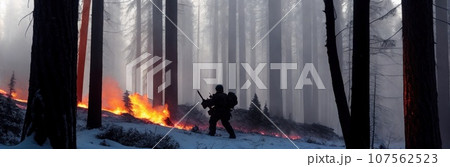 Soldier in winter camouflaged uniform in Modern warfare army on a snow day on forest battlefield with a rifle move through fire and smoke. Modern war. Special military operation. Banner. Generative AI 107562523