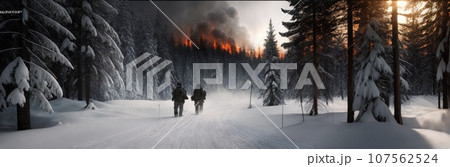 Soldiers in winter camouflaged uniform in Modern warfare army on a snow day on forest battlefield with a rifle. Contemporary battlefield. Modern war. Special military operation. Banner. Generative AI 107562524