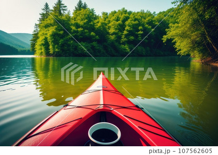 Couple of kayaks on sea bank on the stones in sunny day. Water tourism concept. Outdoor adventure time. Extreme hobby of brave man. Copy space for advertising kayaking sport. Generative AI 107562605
