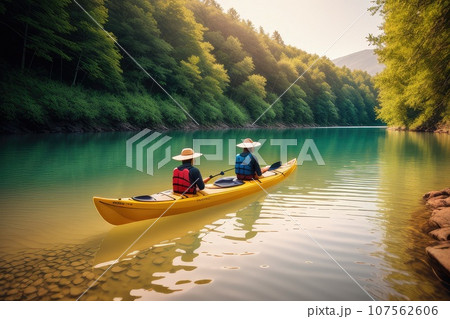 Young Lovely Couple Canoeing Kayaking on Sunny Day on Lake Sea with Mountain View Background. Best Friends Enjoying and Having Fun Together on Kayak in Vacation Holiday Trip. Generative AI 107562606