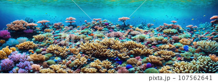 Underwater scene. Coral reef, colorful fish groups and sunny sky shining through clean ocean water. Space underwater. Banner. Generative AI Underwater scene. Coral reef, colorful fish groups and sunny sky shining through clean ocean water. Space underwater. Banner. Generative AI 107562641
