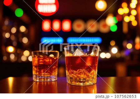 Scotch whiskey, whiskey glass stands on an oak whiskey stand against the backdrop of the city at night. Whiskey drinks. Night life. Generative AI 107562653