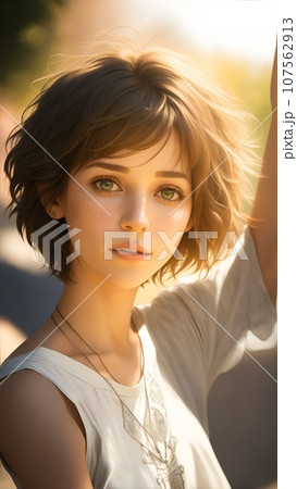 日の光に照らされるショートカットの美しい女性 107562913