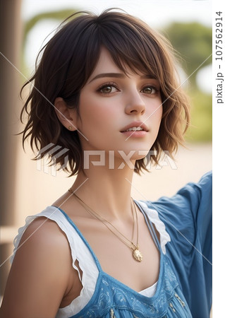 日の光に照らされるショートカットの美しい女性 日の光に照らされるショートカットの美しい女性 107562914