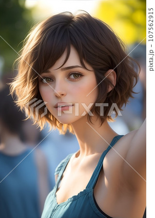 日の光に照らされるショートカットの美しい女性 107562915
